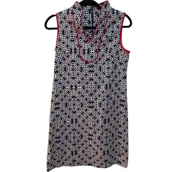 Eliza J Dress Womens 4 Blue Geometric Sleeveless Collared Shift Red Trim Knit - Picture 2 of 6